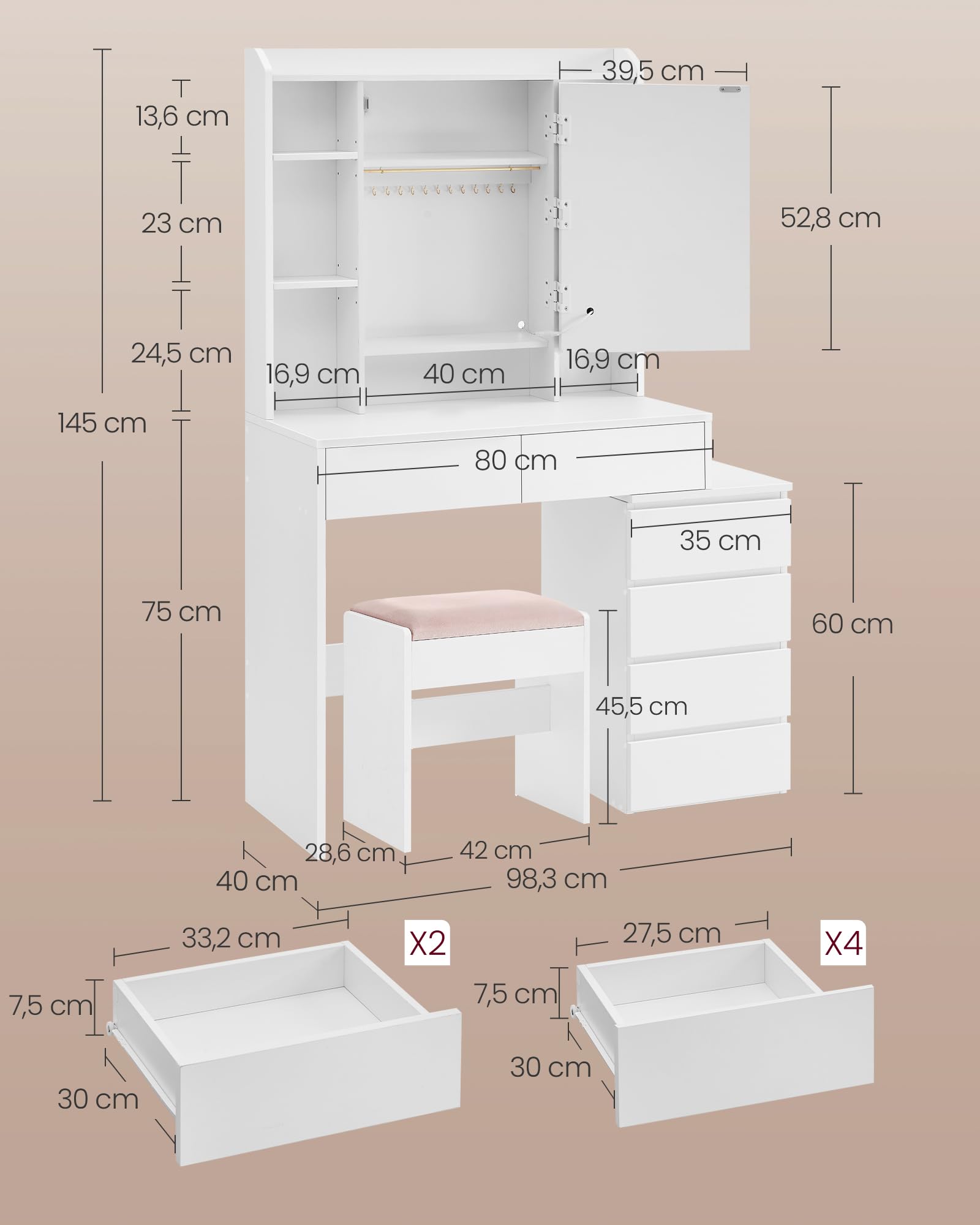 VASAGLE Kailyn Kollektion - Schminktisch mit LED-Beleuchtung, 3 einstellbare Lichtfarben, Frisiertisch mit Spiegel, Schubladen, offene Fächer, mit Hocker, verstellbare Ablagen, wolkenweiß RDT125W01