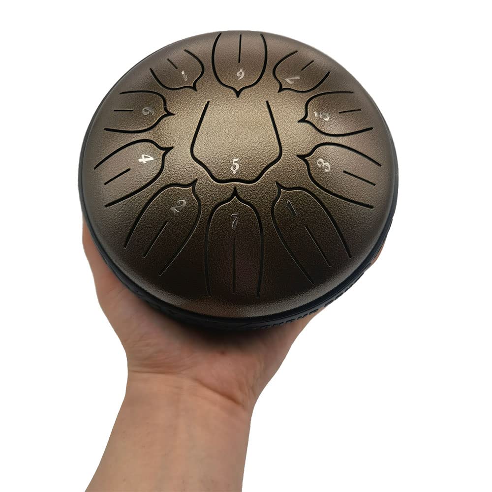 Yahpetes Steel Drums 6 Inch 11 Note Steel Tongue Drum Worry-free Drum Musical Instruments Hand Drums with Handpan Drum with 1 Pair Mallets and Storage Drum Bag Note Sticks (6"11 tone, Bronze)