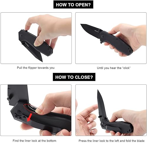 Miniatura 4 de EDC - Cuchillo plegable de bolsillo, hoja negra de acero inoxidable de 3.54 pulgadas, bloqueo de revestimiento de escalas G10, cuchillos de