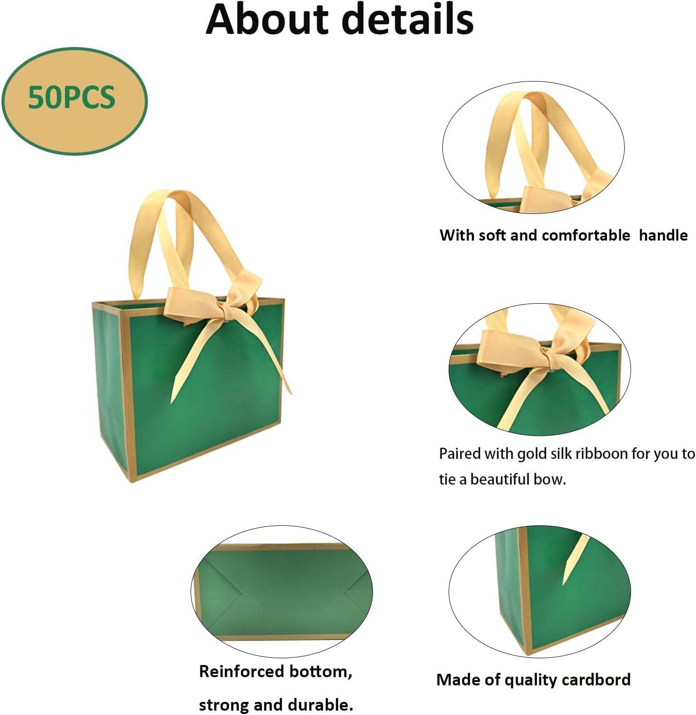 TKSBAG 50 PCS Small Green Gold Gift Bags with Bow Ribbon - 6.4x3.1x5.1 Inch Thank You Bags with Handles, Bulk for Baby Shower, Bridal Shower, Wedding, Party Favors, Valentine - Image 2