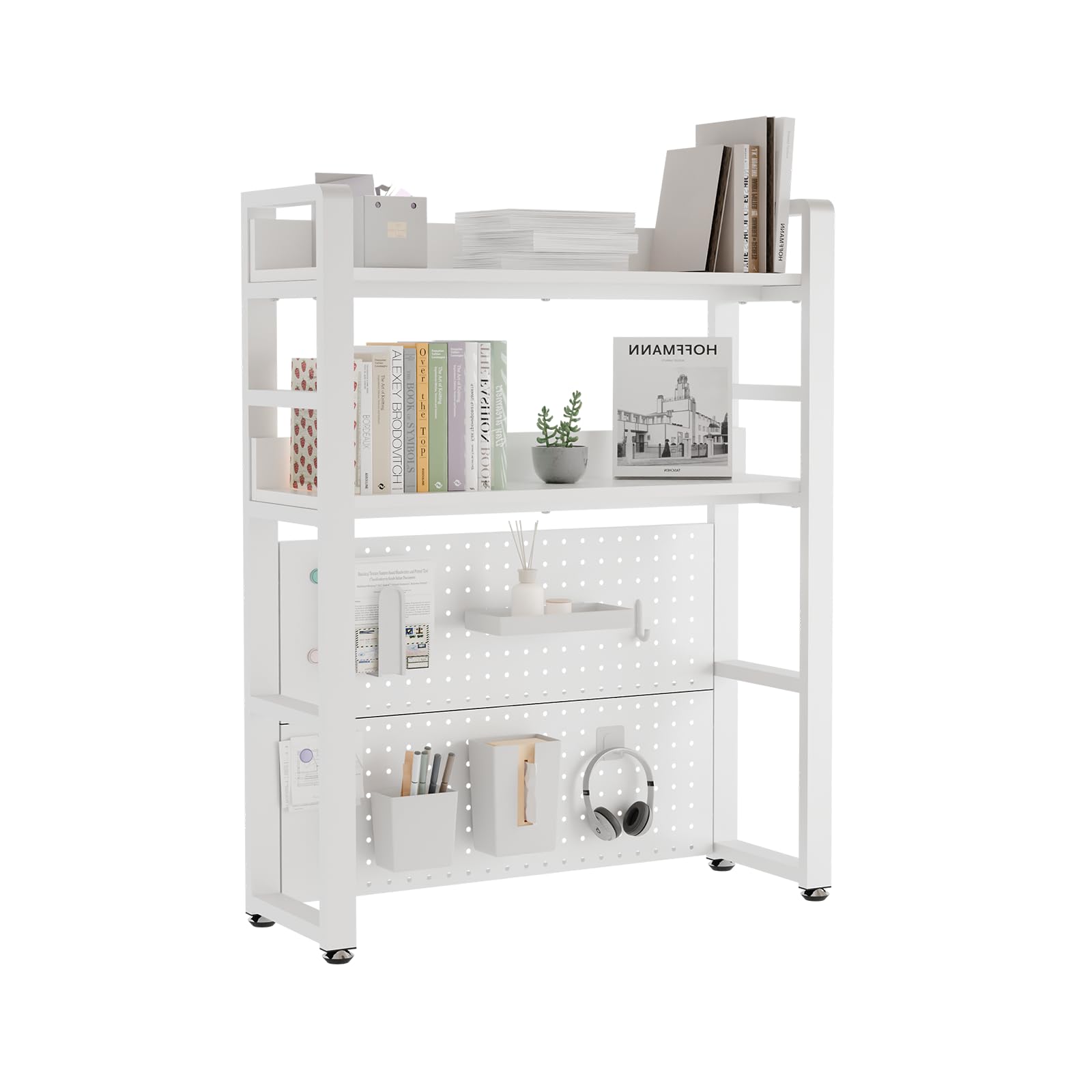 Boltmol 2-Tier Desk Shelf With Concealed Screws Design,White 75CM, Desktop Organizer With Pegboard, Countertop Storage Bookcase For Home, Office Or Dorm