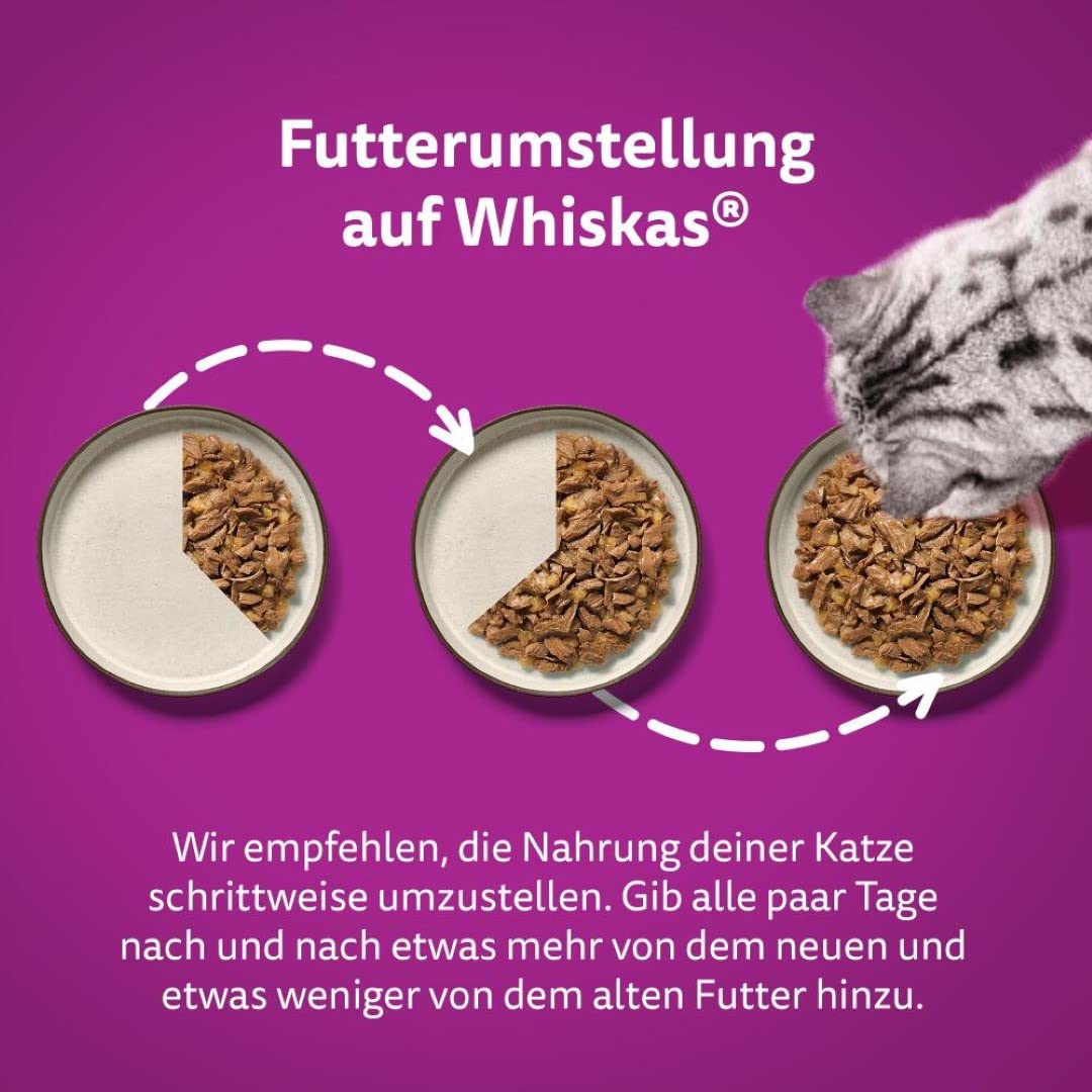 Whiskas 7+ cibo per gatti, pollame a scelta in salsa, 12 x 85 g (4 confezioni) – cibo umido di alta qualità a partire dai 7 anni in 48 sacchetti