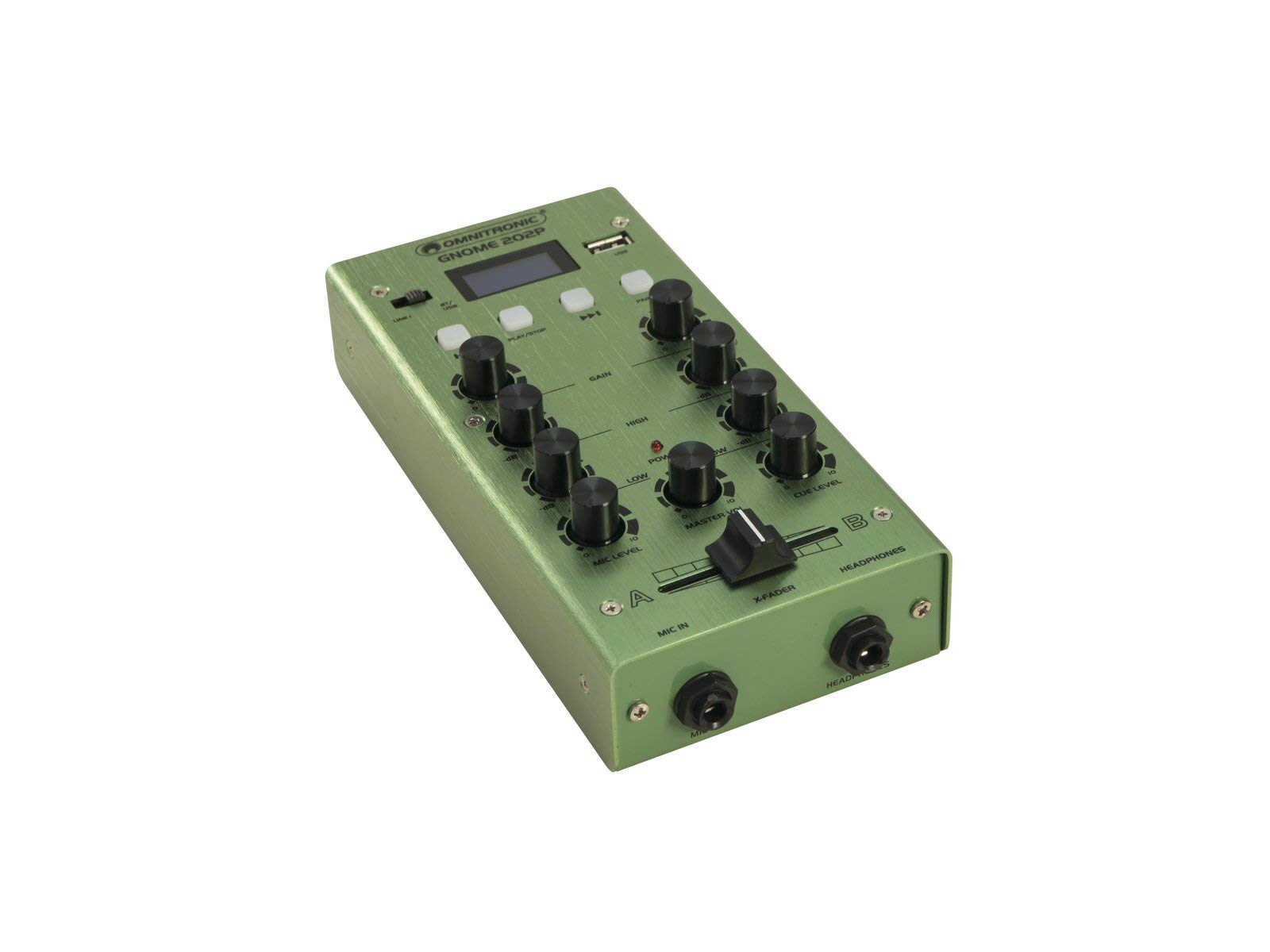 OMNITRONIC GNOME-202P Mini-Mixer grün | 2-Kanal-DJ-Mixer mit Bluetooth und MP3-Player im Miniaturformat | Regelbarer Mikrofoneingang/Kopfhörerausgang über 6,3-mm-Klinke