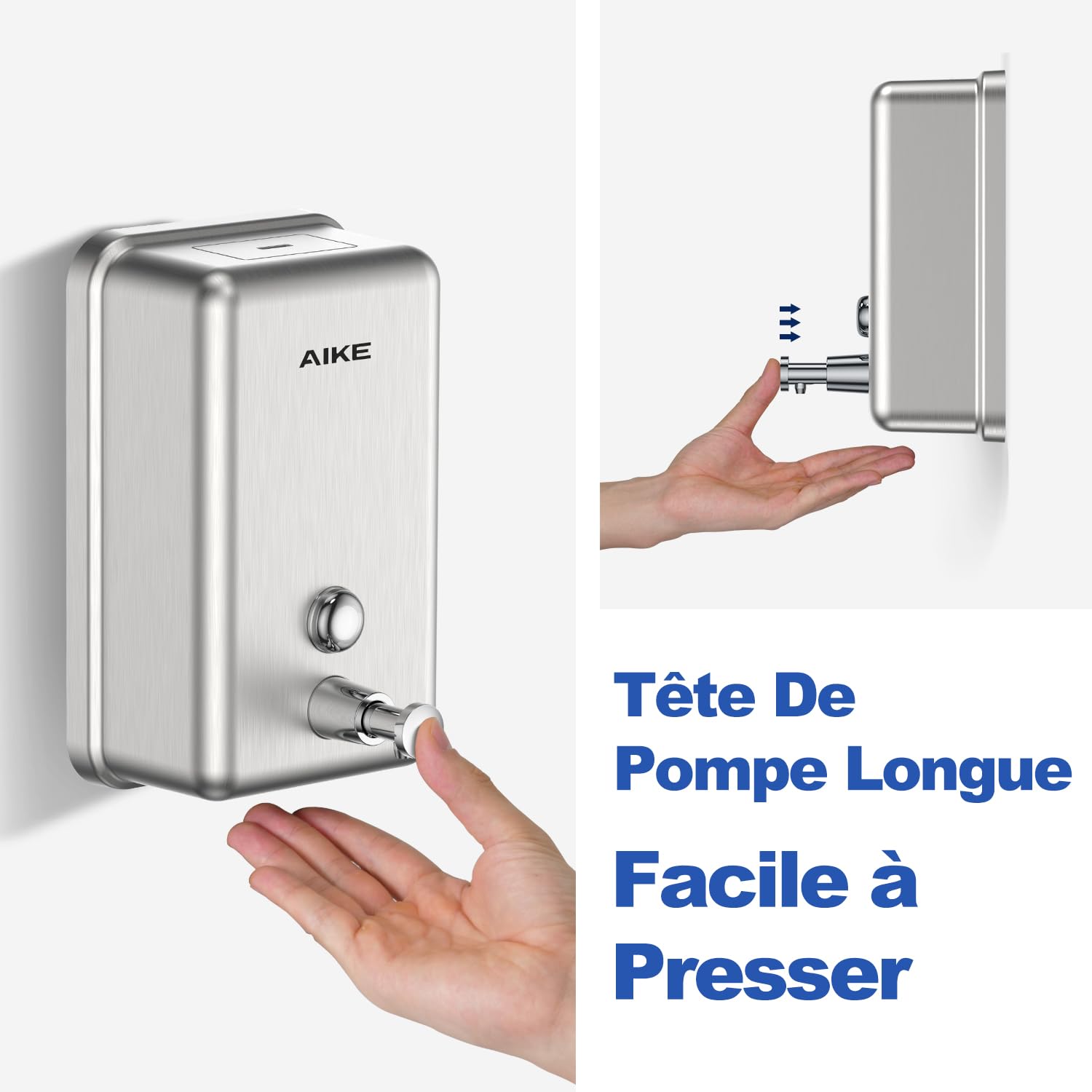 AIKE Distributeur de Savon Liquide Commercial Mural en Acier Inoxydable, avec Réservoir Interne ABS de 1100 ML Antirouille, AK1003 (Brossé)