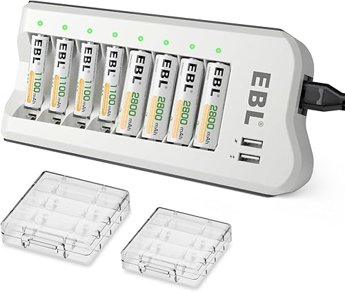 EBL Cargador de batería y baterías recargables AA AAA - Cargador inteligente de 8 bahías con baterías recargables AA de 2800 mAh (4 piezas) y