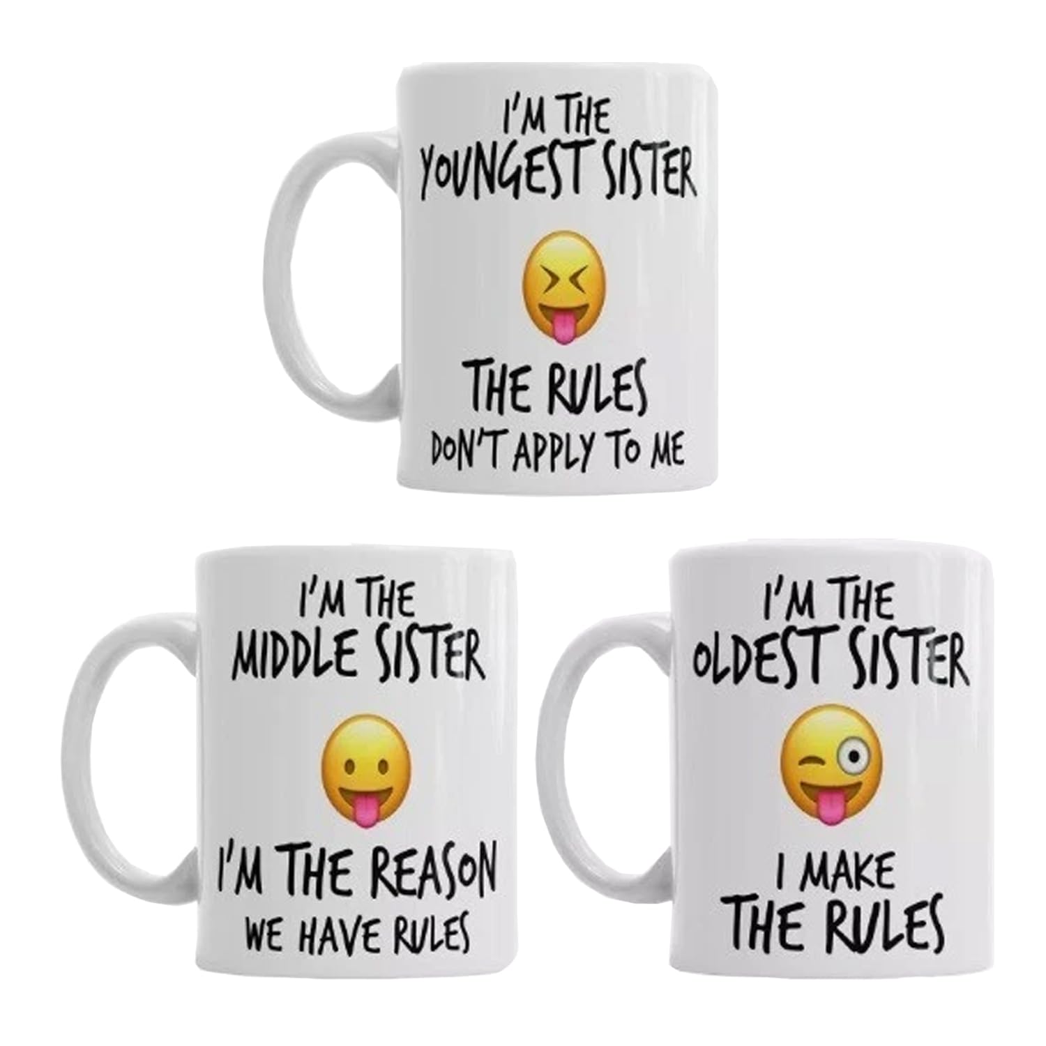iTRONiK 3 Set Mugs Family Siblings Youngest Middle Oldest Sisters Rules Funny Coffee Tea - Funny Set of Ceramic Photo Mugs (All 3 Sisters Set)