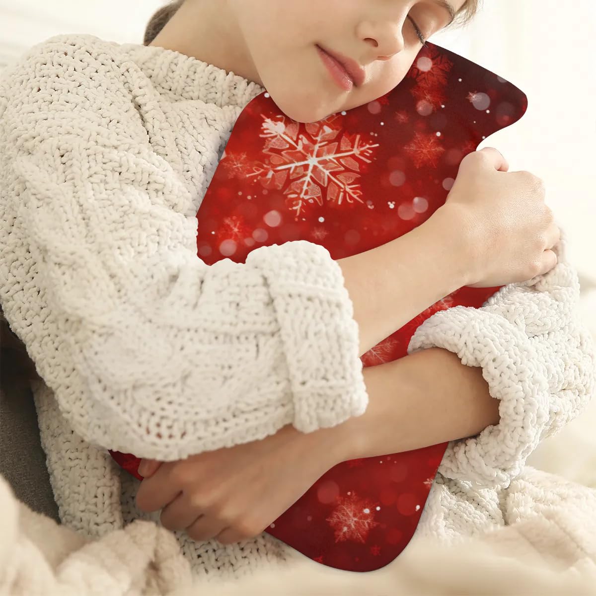 Hot Water Bottle with Soft Cover,2L Bright Snowflakes Christmas Hot Water Bag for Hot and Cold Compress, Hand Feet Warmer, Rubber Hot or Cold Water Bottle Halloween Christmas Decorations