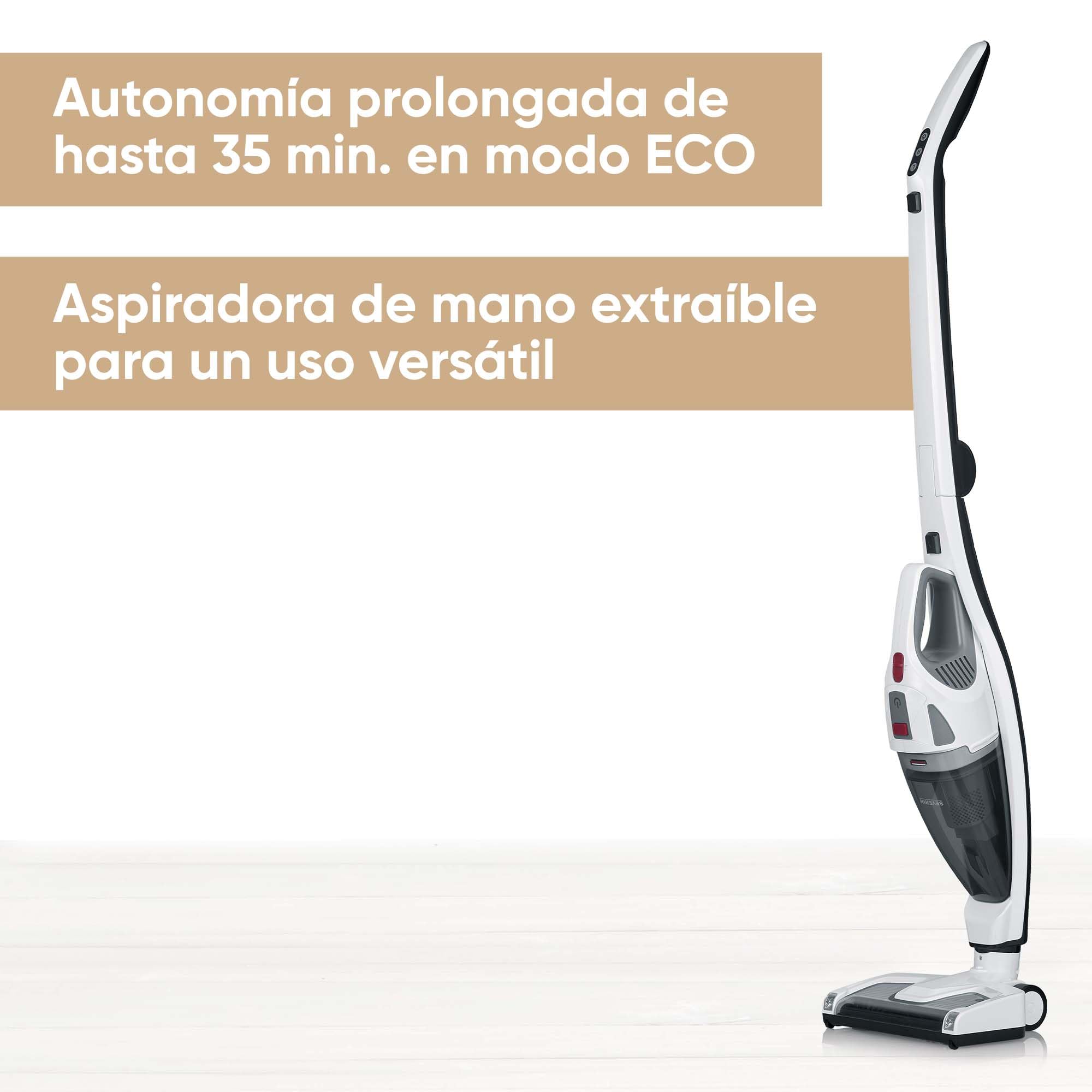 SEVERIN Aspiradora de Mano y Vertical, sin Cable con Mango Plegable, Batería de Iones de Litio 18,5 V Li-Ion/ 2.000 mAh, Potencia 120 W, Capacidad del Depósito de Polvo 650 ml, Blanco / Negro, HV 7173
