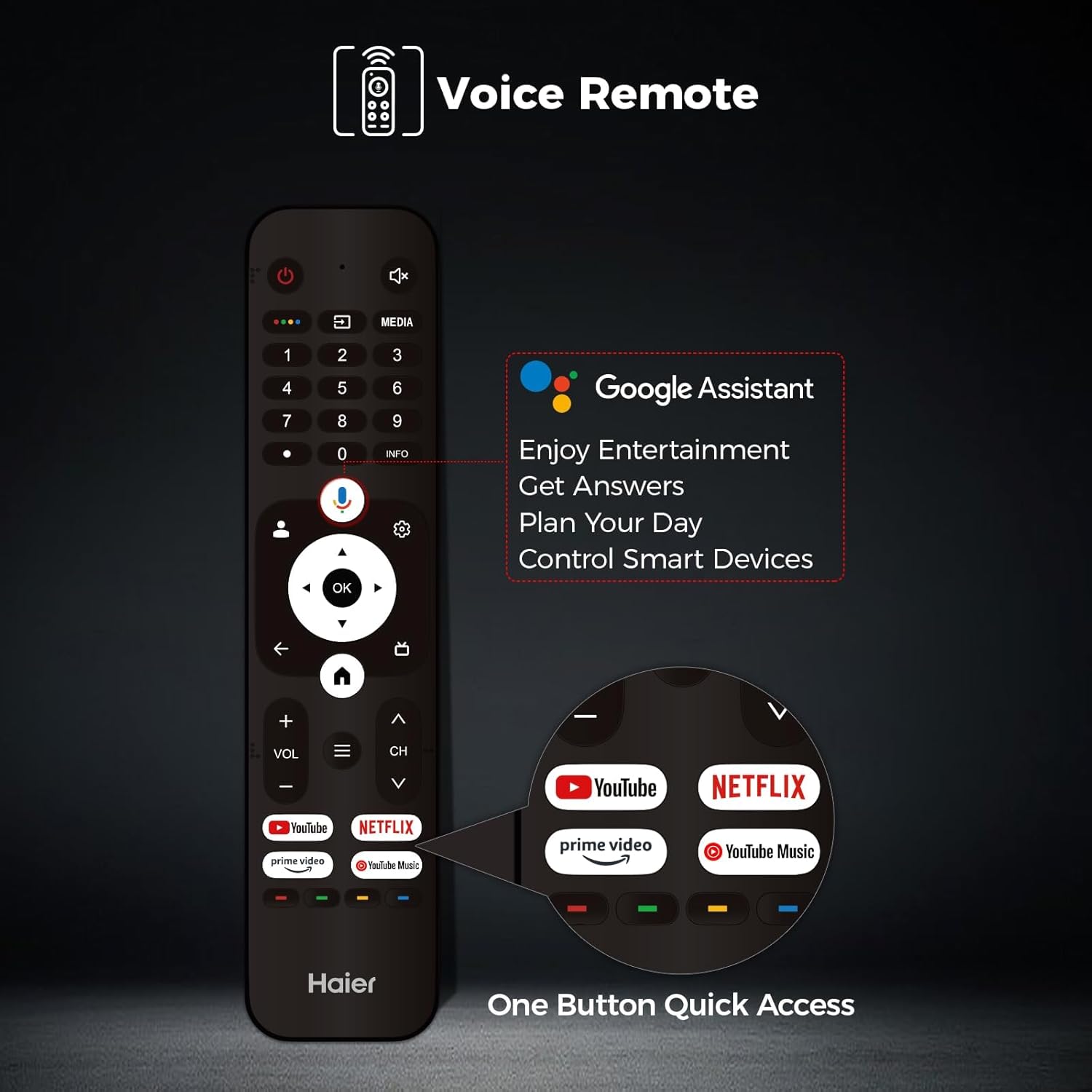 Haier Smart TV-fjernbetjening med Google Assistant-knap og hurtigadgangsknapper