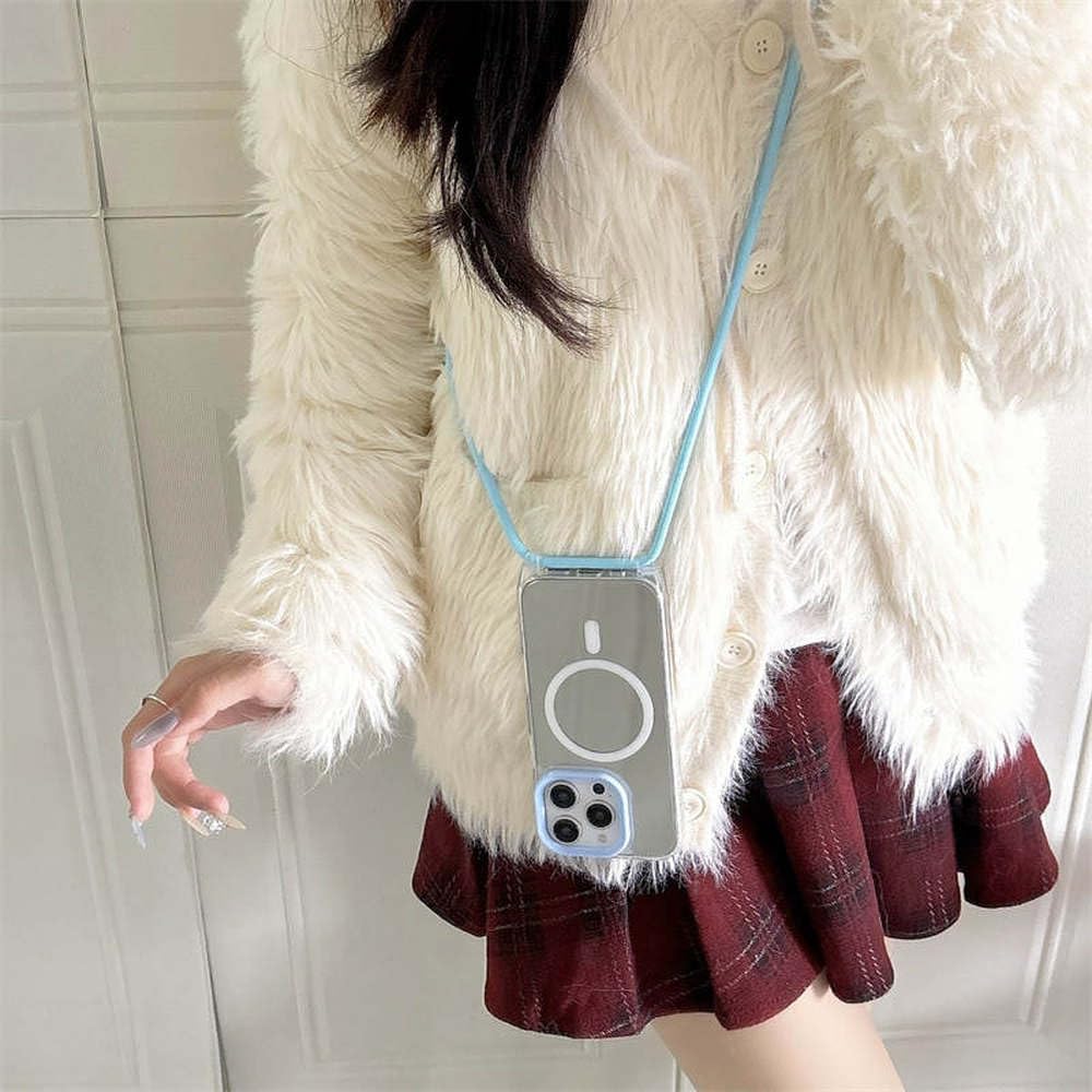 Naszyjnik Crossbody Smycz Lustrzane Magnetyczne Etui na Telefon Do iPhone 16 15 14 13 Pro Max Akrylowe Twarde PC Tylna Obudowa, Białe, Do iPhone 13Pro Max