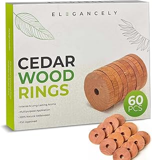 60 Pack Cedarwood Moth Repellent for Wardrobes, 100% Natural Anti Moth 4.5cm Cedar Rings - Substitute to Moth Balls and Humane Moth Killer - Sandpapers & Storage Bag Included