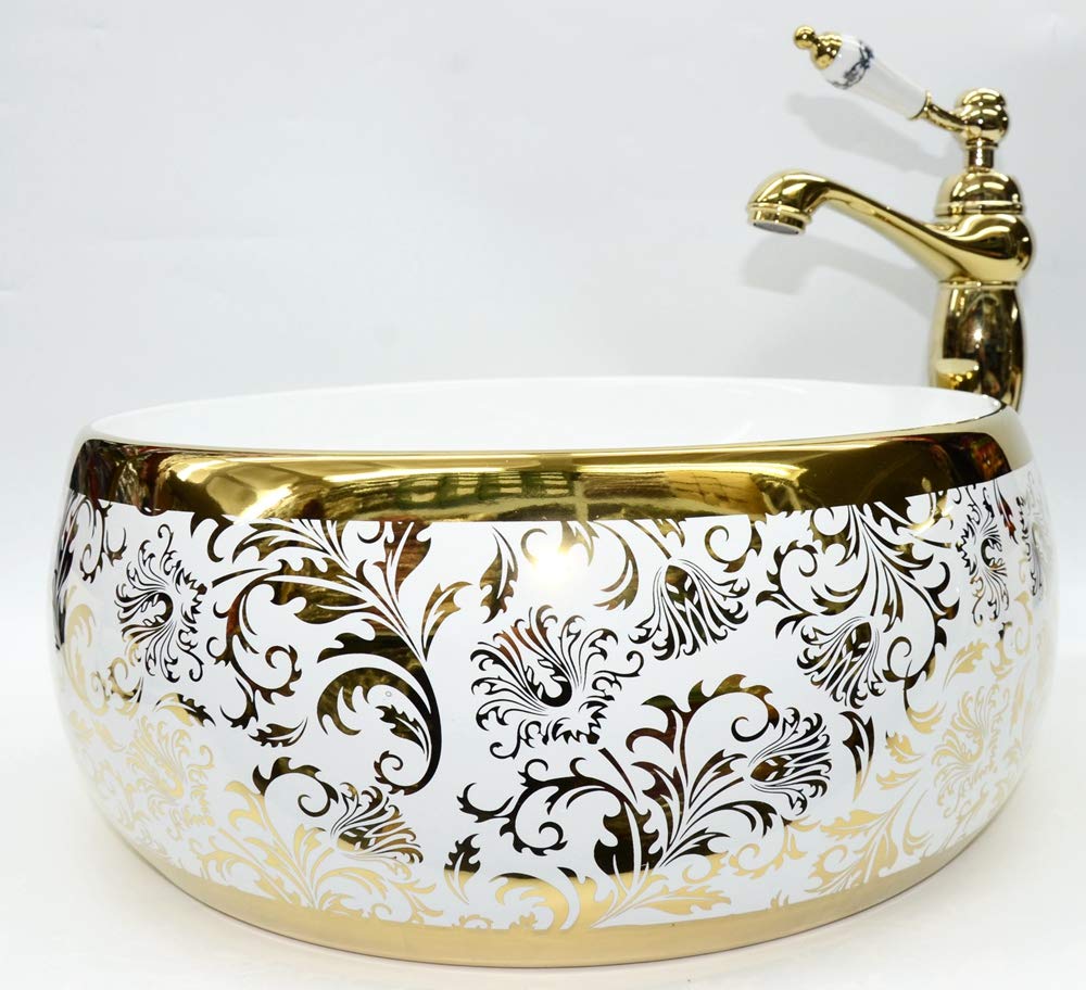 Gold Vintage Paisley Floral Patterned Bathroom Cloakroom Round Ceramic Porcelain Counter Top Kasbah White Wash Basin Sink Washing Bowl 390 X 155 mm