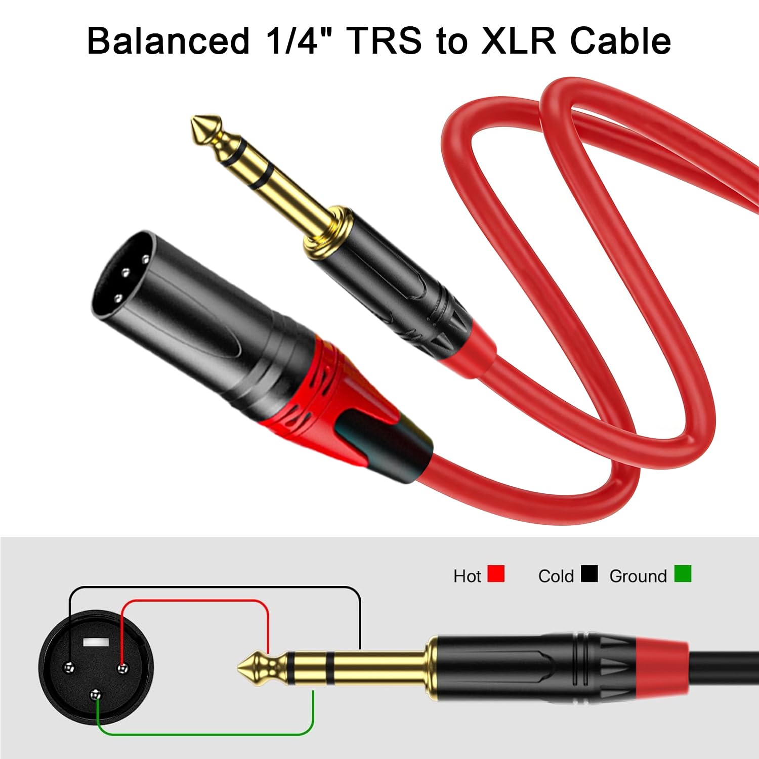 XLR macho a 1/4 (6,35 mm) TRS mono Jack Cable de 6.6 pies, paquete de 2, rojo y verde, para micrófono dinámico, cable de micrófono equilibrado XLRon de 3 pines a TRS, conductores chapados