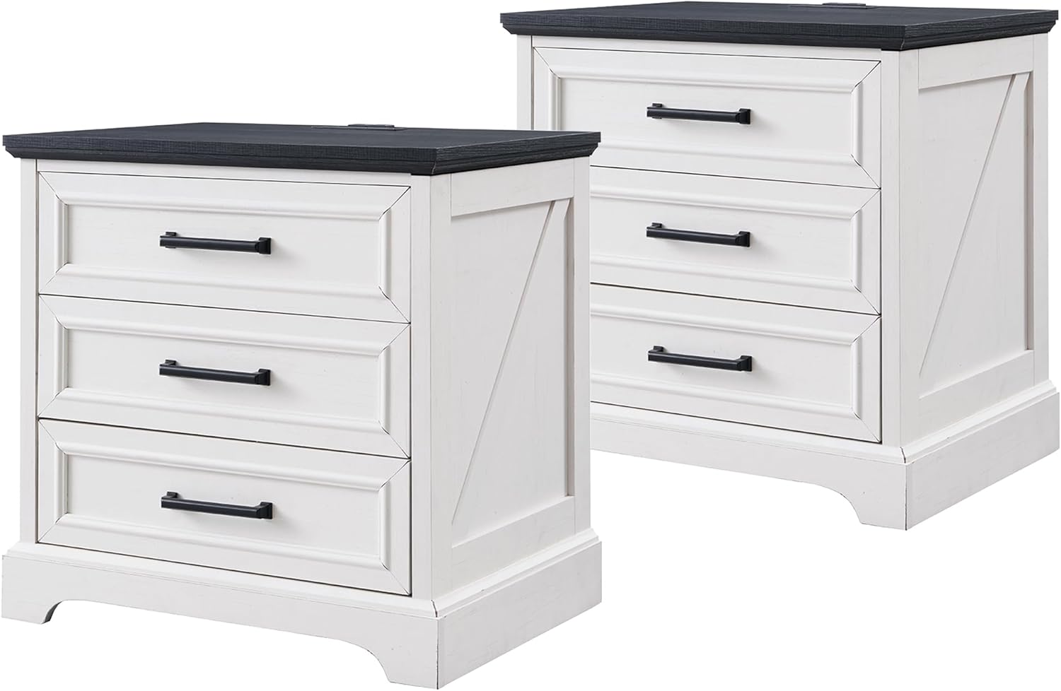 ACCOHOHO Farmhouse Nightstands Set of 2, 22 Inch Wide End Table with Charging Station & 3 Large Drawers, Rustic Wood Small Dresser Chest of Drawers for Bedroom, Living Room, Off White