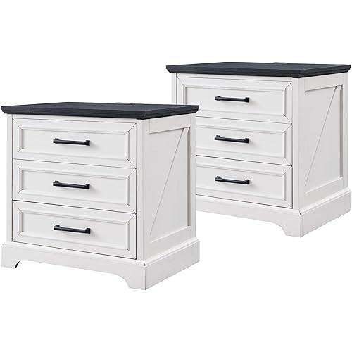 Farmhouse Nightstands Set of 2, 22 Inch Wide End Table with Charging Station & 3 Large Drawers, Rustic Wood Small Dresser Chest of Drawers for Bedroom, Living Room, Off White