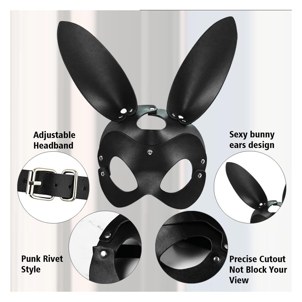 SUNNEE Leather Masks: Black Choker Mask Set for Women Half Face Mask Adults Cosplay Costume Party Props Accessory (Rabbit) - Image 3