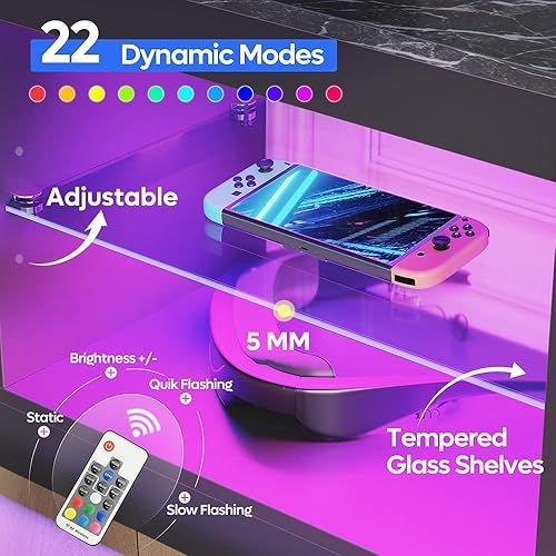 Miniatura 3 de Bestier soporte RGB para televisión de más de 65 pulgadas, centro de entretenimiento para videojuegos, consola LED con 2 estantes de vidrio, para