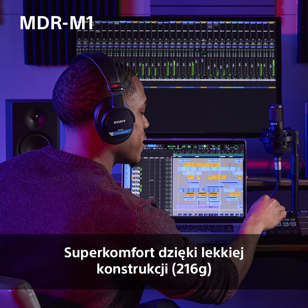 Sony Mdr-M1 Słuchawki Studyjne Zamknięte, Przewodowe, Szerokopasmowe (5 Hz–80 Khz), Optymalne Do Nagrywania i Miksowania w Studio, Lekkie (216G), w Zestawie 2 Optymalnej Klasy Odłączane Kable, Czarne