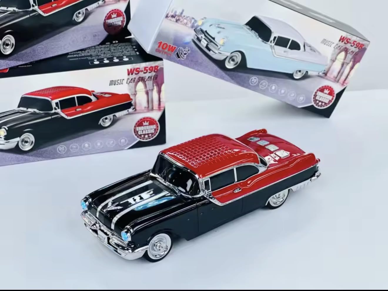 WS-598 Classic Car Bluetooth Speaker, Vintage 1950s Style Portable Wireless Sound System, Multi-Color Retro Vehicle Design, Built-in 1500mAh Battery (Black)