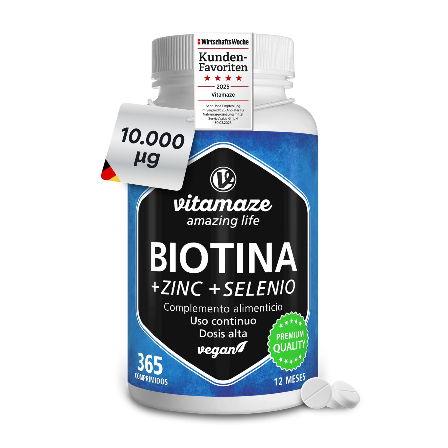 Biotina 10.000 mcg Zinc y Selenio (1 Año) - Biotina para Cabello Piel y Uñas - Crecimiento del Cabello y Anticaída - Vitaminas para Pelo y Uñas Fuertes - Sin aditivos, Vitamaze