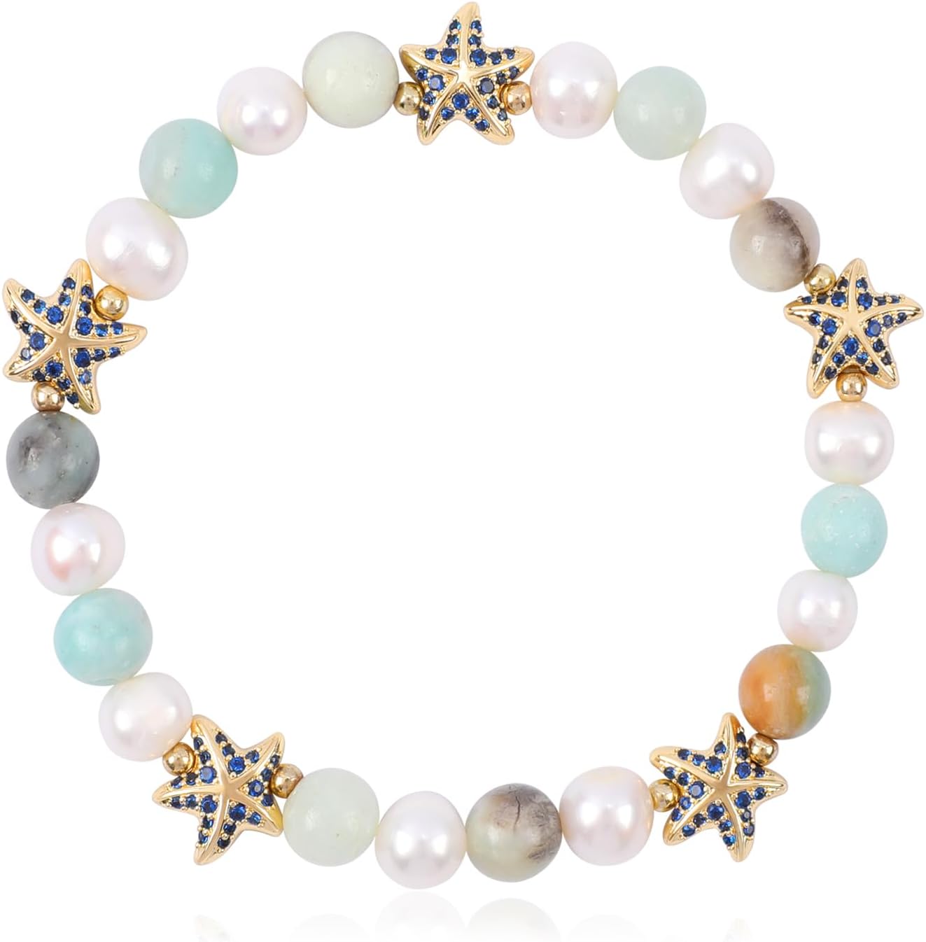 Bohemian Starfish Beaded Bracelets for Women Pearl Natural Stone Sea Star Stretch Bracelets Gold Starfish Charm Elastic Ocean Bracelets for Party Boho Summer Beach Vacation Jewelry Gift for Women