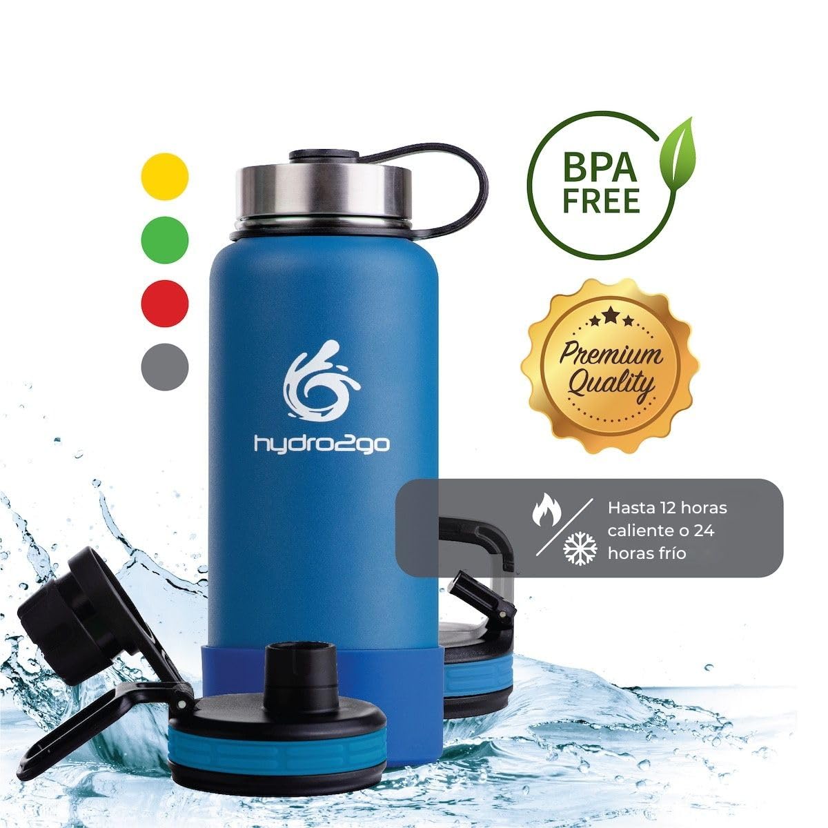 hydro2go® botella de bebida de acero inoxidable X-AlpsBotella - 1000ml / 1l | botella termo aislada al vacío + 3 tapones para beber | Matraz a prueba de fugas | botella para deportes al aire libre de doble pared | Termo