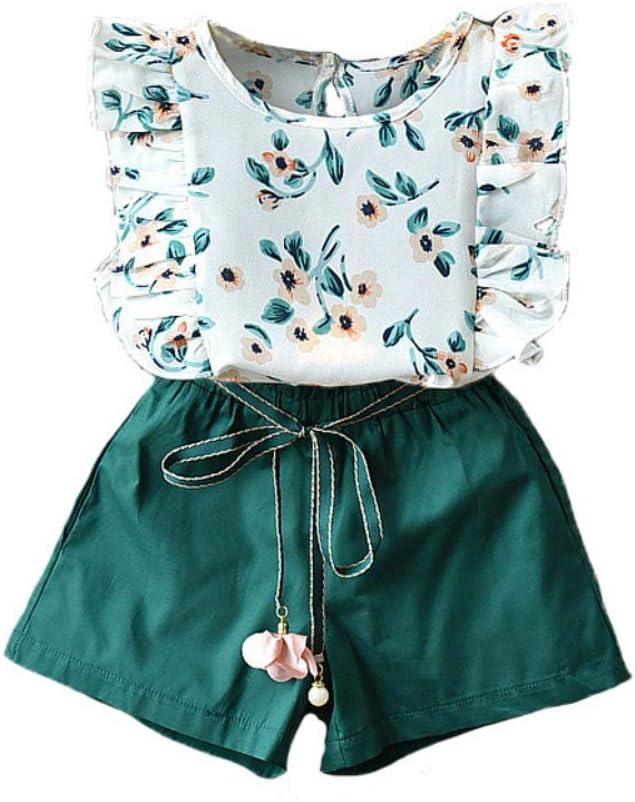 Shiningbaby Summer Baby Girls Clothes Set Flare Sleeve Floral Print T-Shirt Tops+Shorts Cool Beach Outfit for Age 2-7 Years Old