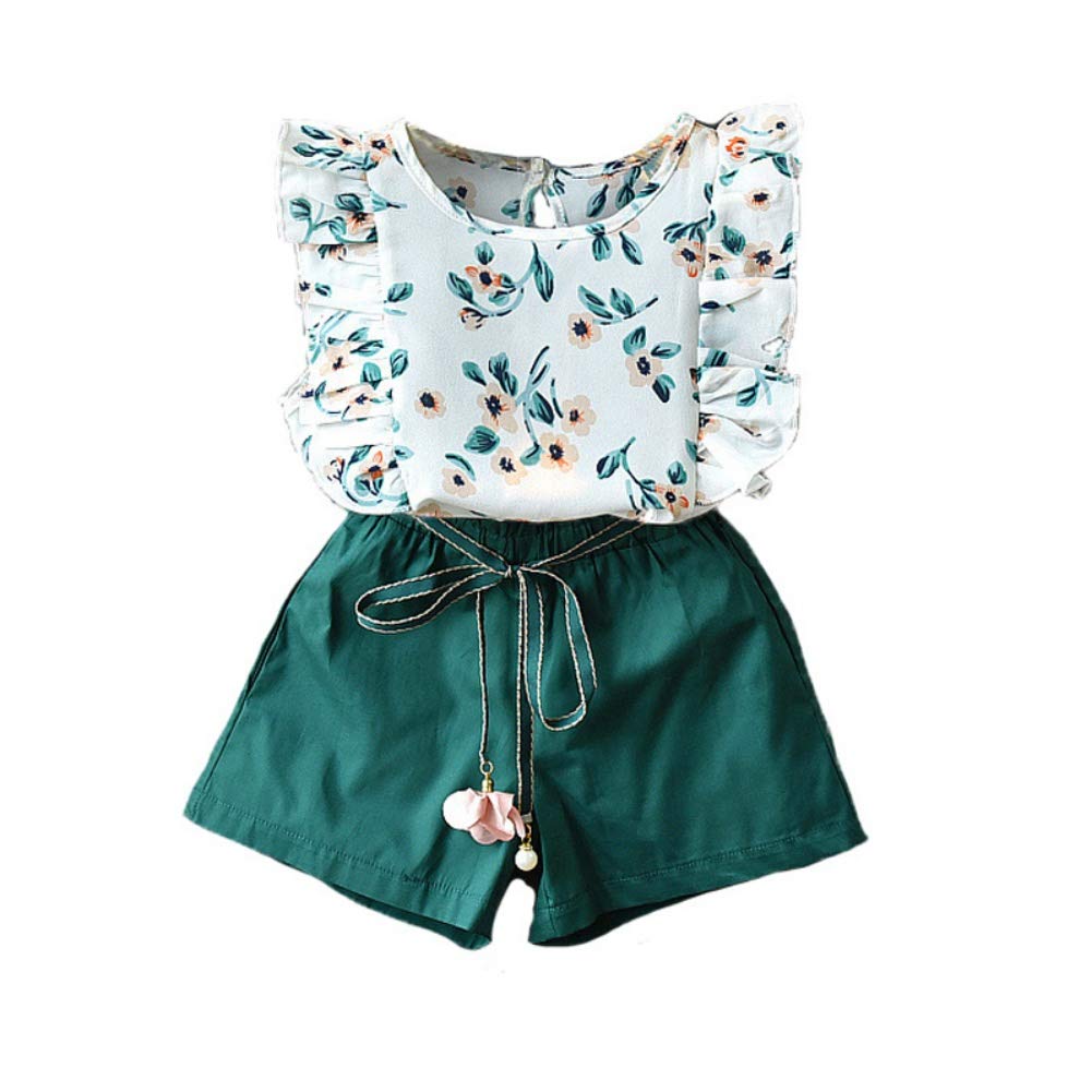 Shiningbaby Summer Baby Girls Clothes Set Flare Sleeve Floral Print T-Shirt Tops+Shorts Cool Beach Outfit for Age 2-7 Years Old