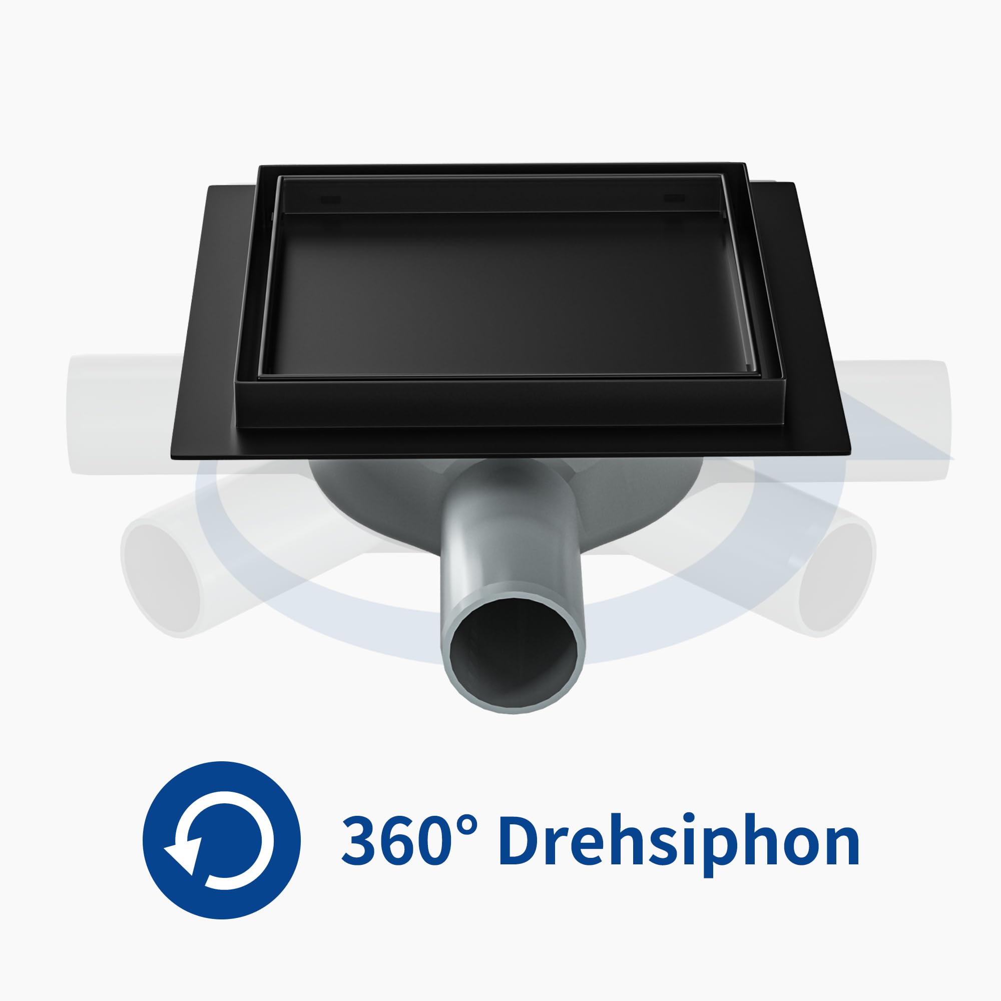 Caniveau de douche carré 15 x 15 cm, siphon à 360° avec système anti-odeurs et tamis à cheveux 2 en 1 carrelable - En acier inoxydable - Très plat - DN50 DN40 - Noir