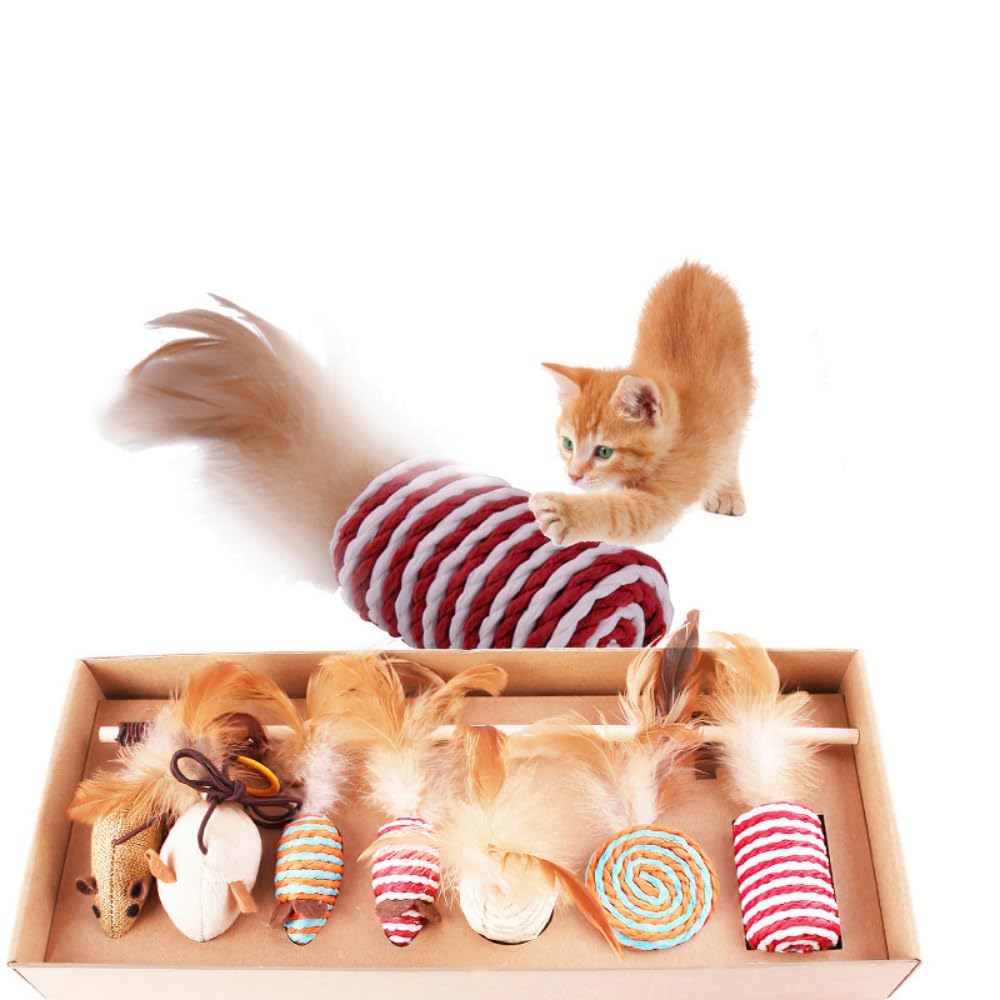 7 PCS Cat Feather Toys, with Wooden Wand handle and 6 Feather/Plush Attachments, Interactive Cat Toy Wand for Indoor Cat and Kitten