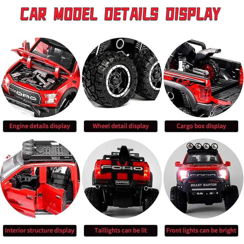 Image of Kids Model 1:24 Raptor F150 Die Cast Metal Car Pull Back Action Opening Doors with Realistic Engine Sound Lights Toy Car Gift for Boys - Red