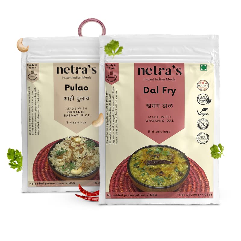Netra 4-in-1 Instant Healthy Meals – 800g Bags (Pack of 4) , 16 Servings) | Natural, Fiber-Rich Dal, Pulao, Khichadi & Zunka Pithla | Quick, Wholesome & Digestive-Friendly Meals for Weight Management