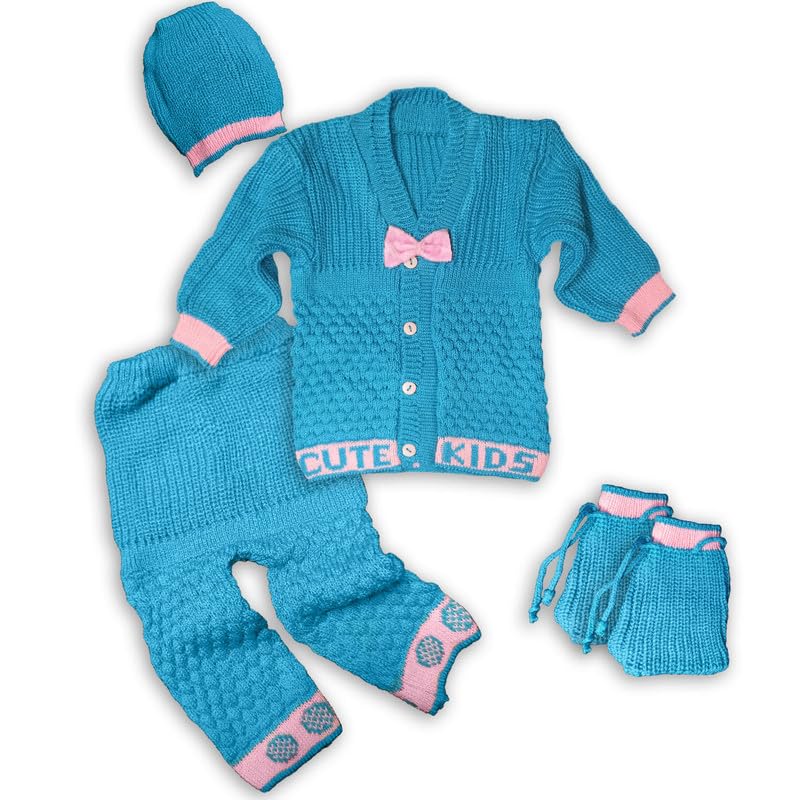 Image of Baby Unisex New Born Baby Boys Girls Soft Comfortable Trendy Woolen Round Neck Stripe Sweater Set with Payjami, Cap and Pair of Booties for Toddlers