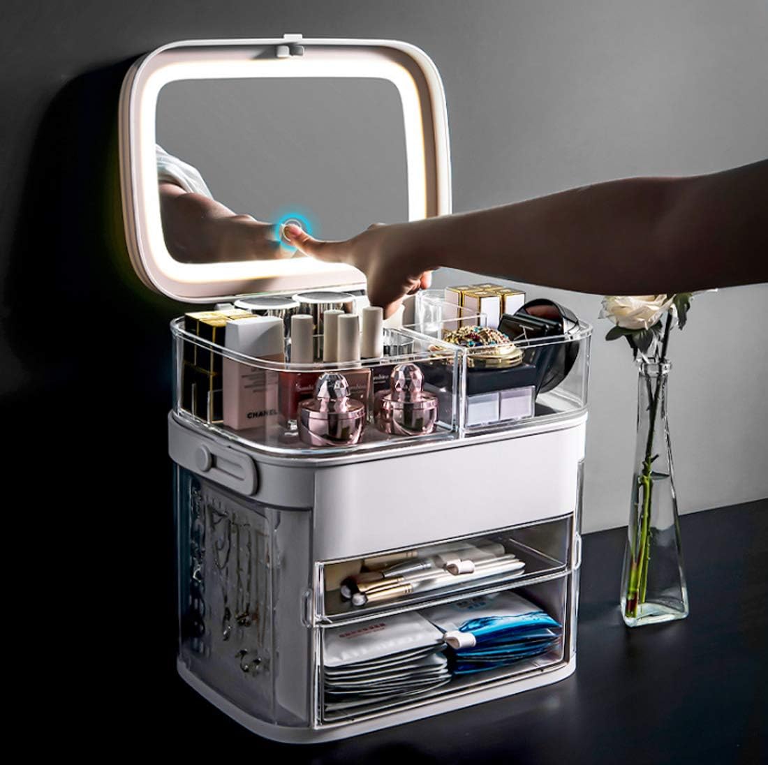 Makeup Organizer with LED Mirror Portable Table Desktop Finishing Box with Light Jewelry and Cosmetic Storage Display Case for Bathroom Dresser Gray image 3