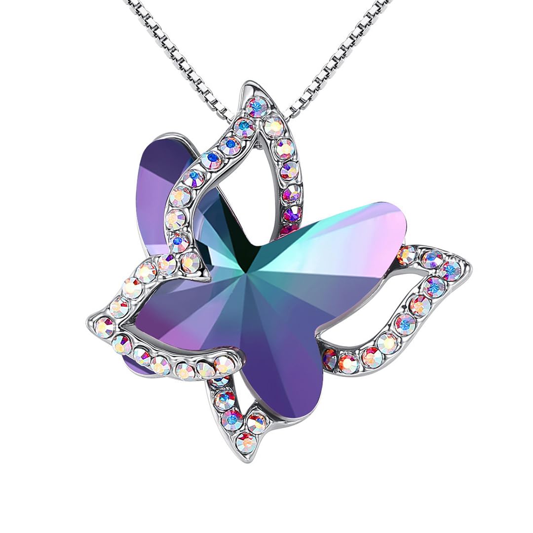 Valentine's Day Gift Butterfly Birthstone Crystal Necklace, Silver Tone with 18”+2” Chain, Necklace for Mother’s Day Anniversary Birthday Gifts for Women and Daughter