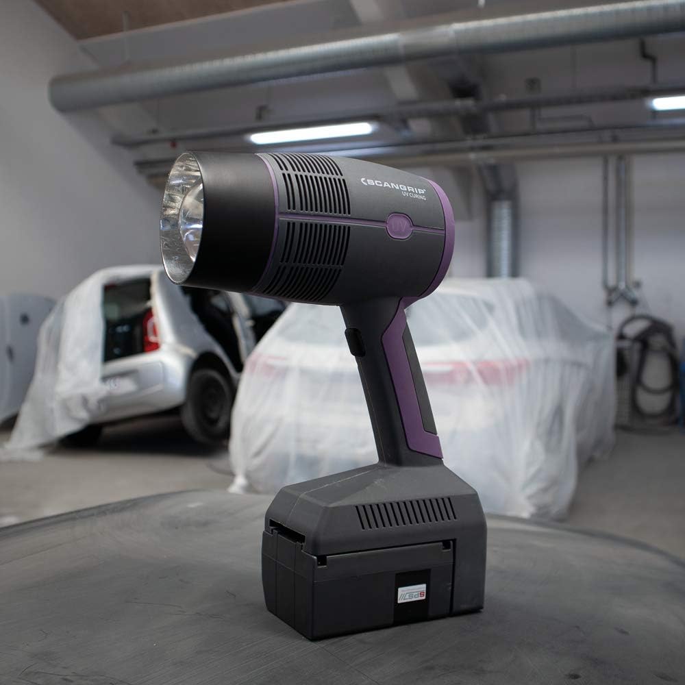 SCANGRIP UV-GUN extremely powerful LED work light for UV curing of large sized paint repair, Exchangeable battery pack, Hand-held design : Automotive