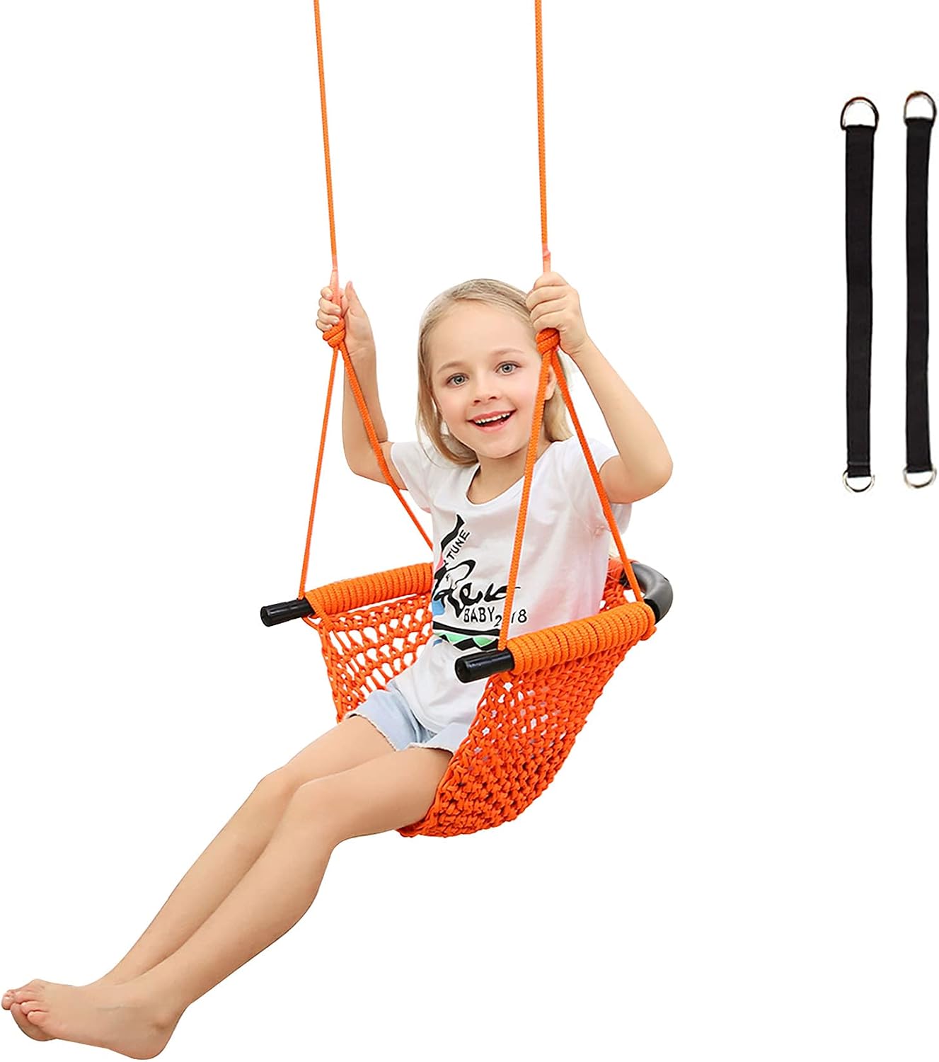 RedSwing Swing Seat for Kids, Hand-Knitting Toddler Swing with Adjustable Ropes, Heavy Duty Rope Play Secure Children Swing Set for Tree, Outdoor Indoor, Playground, Orange