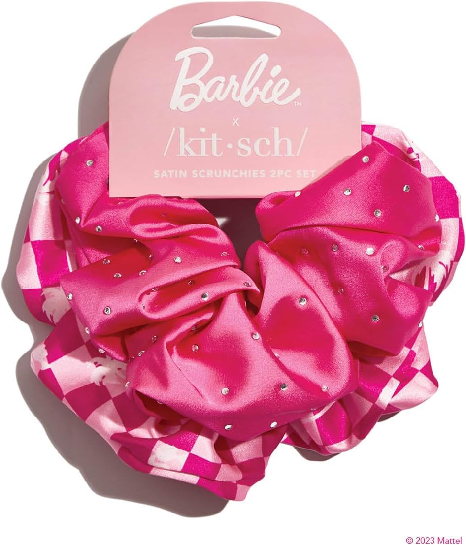 Barbie x Kitsch Satin Brunch Scrunchies - Softer Than Silk Hair Ties for Women & Girls | Stylish 2pc Set (Barbie Pink)