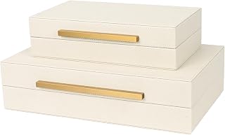 Beige Shagreen Decorative Storage Boxes – Set of 2 Faux Leather Jewelry & Memory Boxes with Gold Metal Handles, Nesting Photo Organizers for Home Decor, Gift, and Office Organization