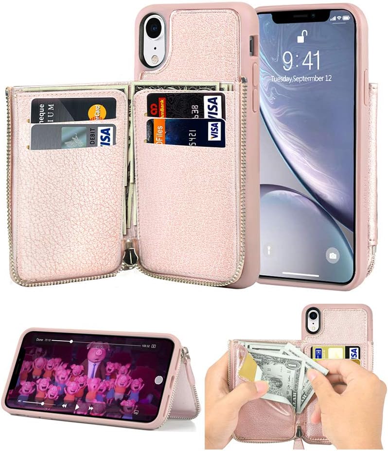 LAMEEKU Wallet Zipper Case for Apple iPhone XR, 6.1-Inch, Protective Leather Credit Card Holder Slot Purse Money Pocket Cases, Bumper Cover Compatible with iPhone XR 6.1" (2018) Rose Gold