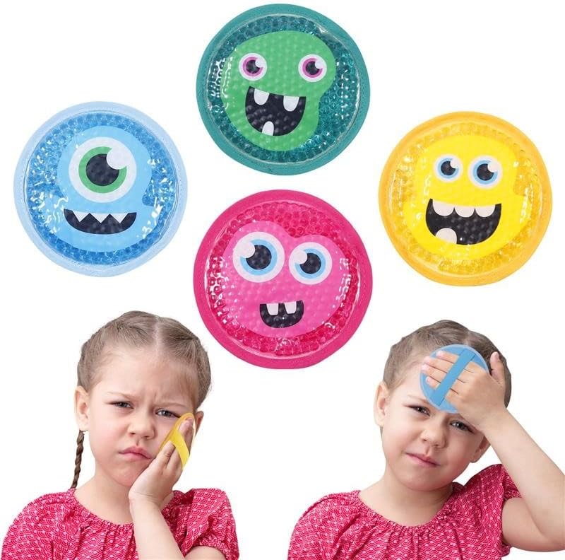 Magic Gel Kids Ice Pack - Cold Compress for Kids - Kid Ice Packs for Bumps Bruises Lunch Box - Kid Cold Compress - 4 Little Monster Designs for Children - Adjustable Elastic Band