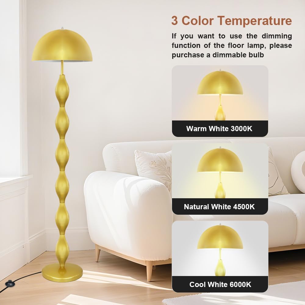 Floor Lamp Creative Mushroom Lamp, Gold Standing Lamp with Foot Switch, Creamy Style Modern Tall Lamp for Living Room, Bedroom, Office, Corner, E26/E27 Bulbs Compatible