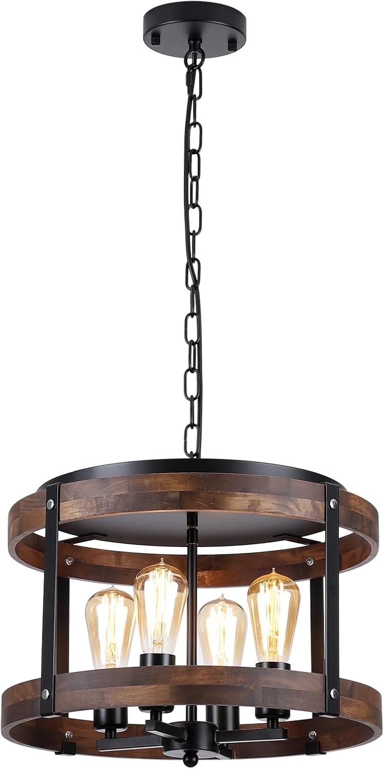 4-Light Large Rustic Farmhouse Wood Pendant Light Fixture with Adjustable Chain, 16.5 inch Oak Wood Drum Chandelier for Dining Room Kitchen Island Farmhouse Living Room Hallway, Black