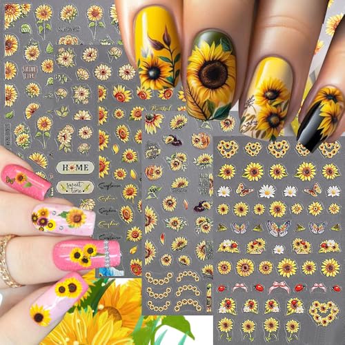 5 Sheets SunflowerNail Stickers for Nail Art, 5D Embossing Daisy Self-Adhesive Flower Nail Decals, Butterfly Nail Supplies Nail Art Design Accessories for Women and Girls Manicure DIY Decoration