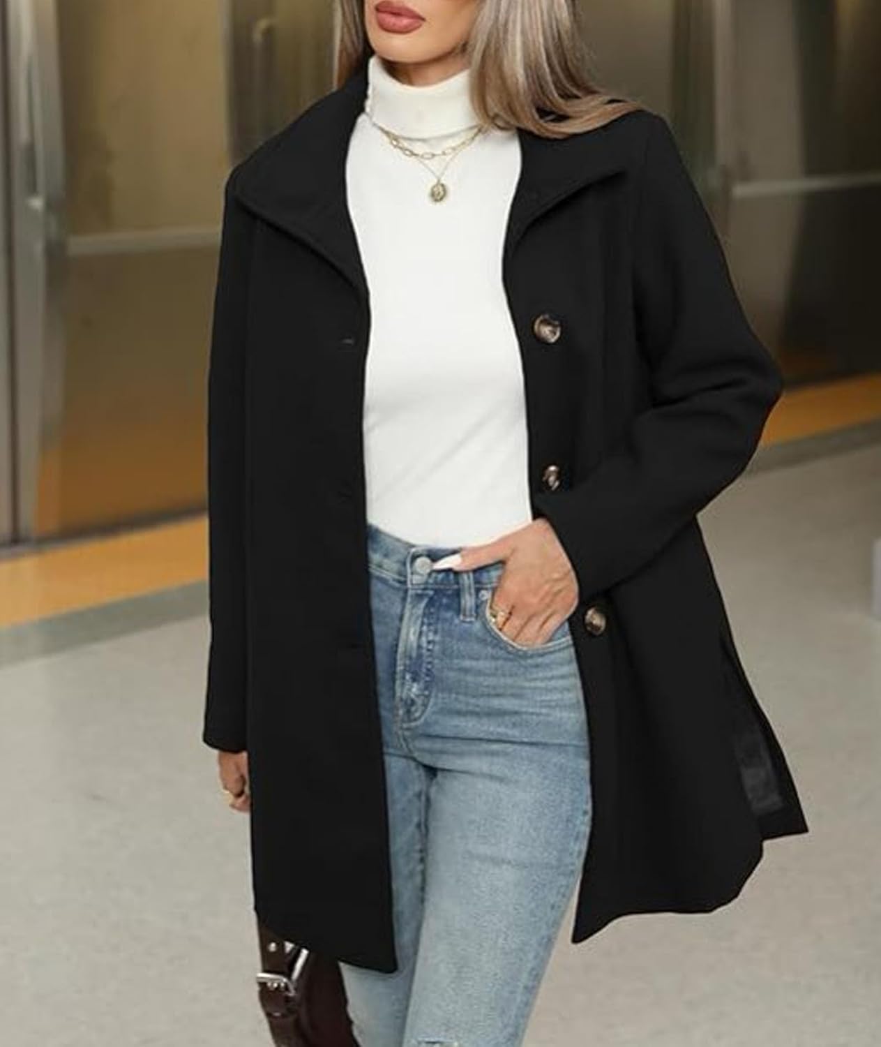 ECDAHICC Womens Winter Wool Blend Coat Lapel Collar Single Breasted Pea Coat Funnel Outerwear Overcoat - Image 2