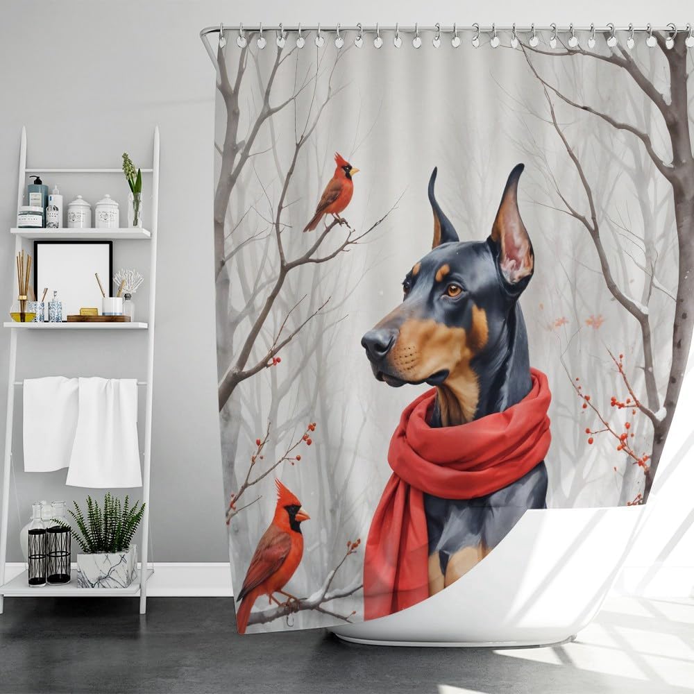 Siberian Husky with Cardinal Bird Winter Shower Curtain Dog Snow Tree Christmas Bath Curtain Home Bathroom Decor 72x80 Inch