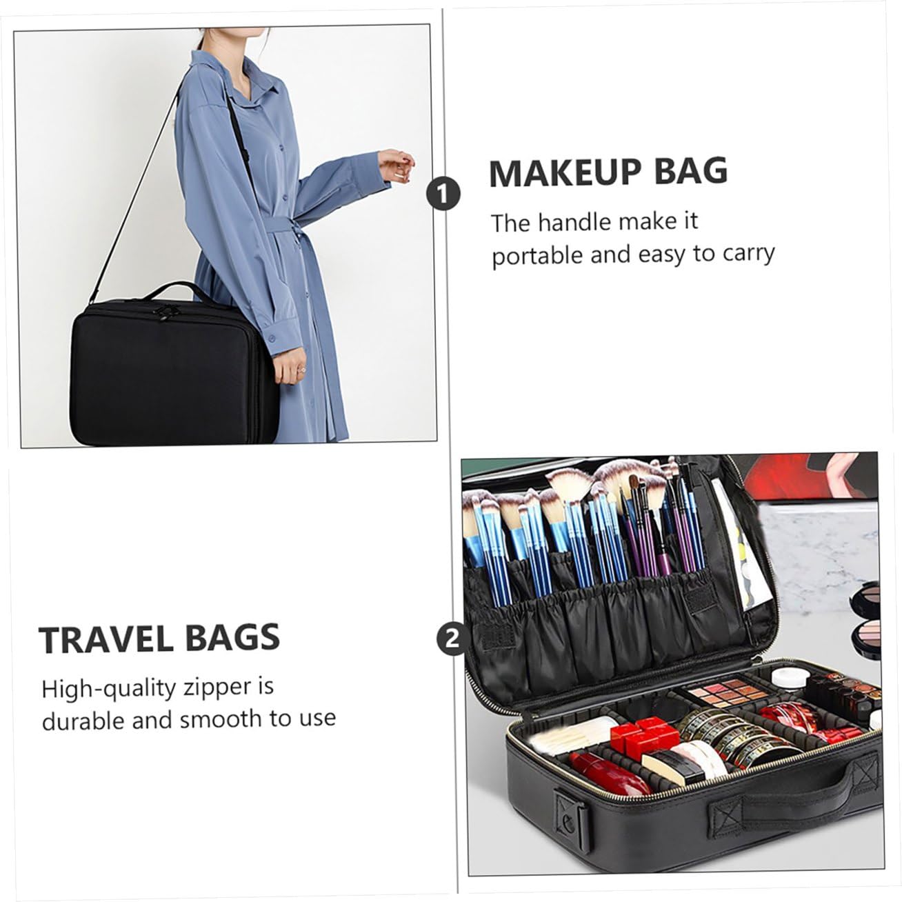 GALPADA Borsa Per Cosmetici Da Viaggio Nera Piccolo 34x24x11 Cm Divisori Tessuto Oxford Portatile Per Trucco e Accessori Donna Su Trolley Per Hotel e Affari