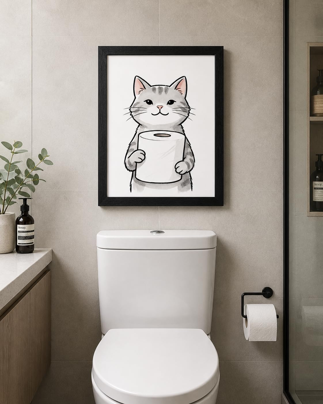 Framed Canvas Wall Art, Funny Bathroom Cat Poster with Black Frame, Waterproof Acrylic Protected Bathroom Decor for Toilet Restroom Washroom Home Decoration (cat, white, 10 * 12in) image 5