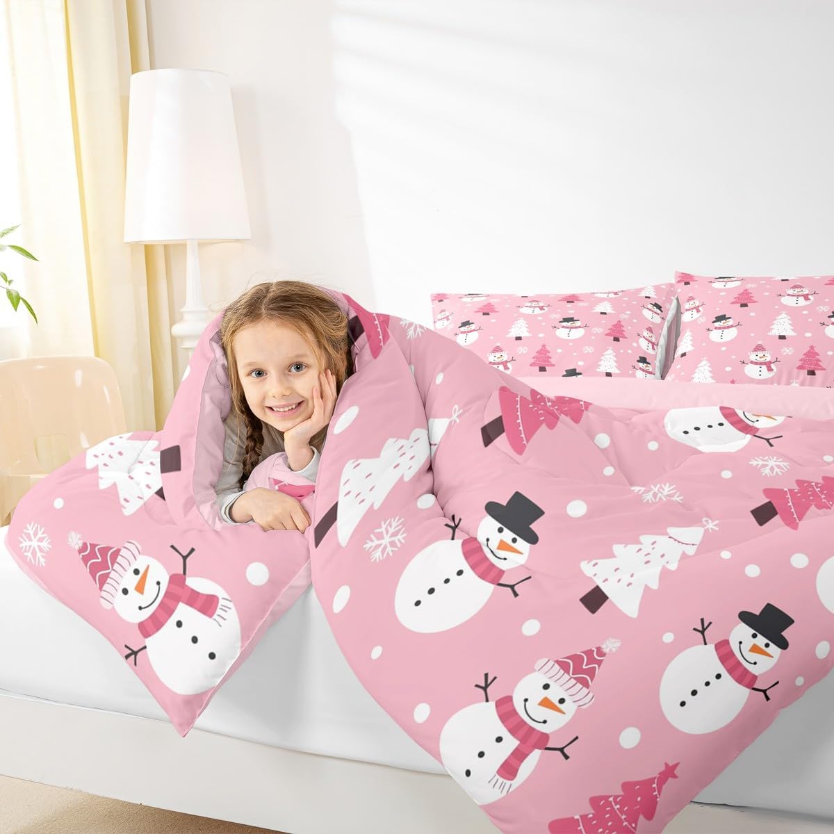 Feelyou Merry Christmas Bedding Set Kids Snowman Comforter Set Twin Size Christmas Tree Snowflake Xmas Theme Pink Duvet Quilt for Women Men Room Decor Breathable Lightweight with 1 Pillow Case 2Pcs