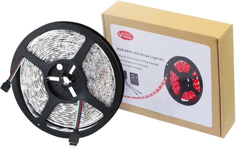Vinus® IR Music Sound Activated 5M 5050 RGB Waterproof 300LEDs RGB Flexible Color Changing LED Strip Kit with 20-key Music Sound Sense IR Controller + 12V 5A Power Supply For Xmas Lighting Indoor Outdoor Backlighting Wedding Decoration